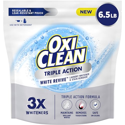 OxiClean Triple Action White Revive Laundry Whitener and Stain Remover Powder, Use with Detergent, Whitens and Brightens Clothes, Removes Tough Stains, Color Safe, Chlorine Free, 6.5 lbs
