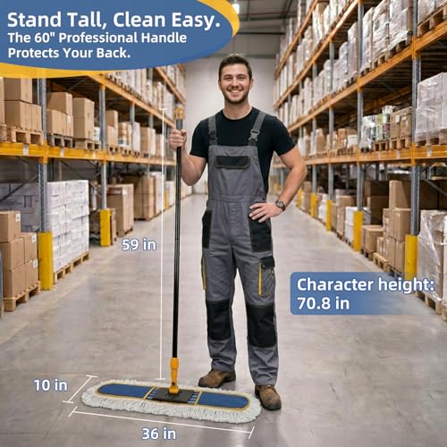 36" Commercial Dust Mop for Floor Cleaning, Heavy Duty Industrial Dry Dust Mop with 2 Mop Pads & 59" Long Handle, Professional Janitorial Cleaning Supplies for Home, Garage, Hotel, School, Gym