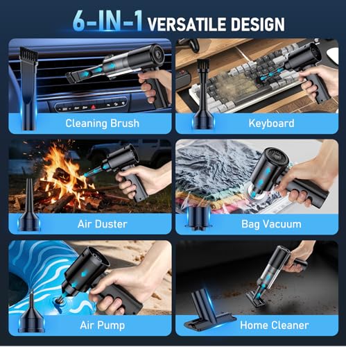 MZHSMZHR Car Vacuum Portable Cordless, 35000Pa High Power Brushless Motor Handheld Vacuum, 6-in-1 Rechargeable Mini Cleaner with Air Duster for Car, Home, Pet Hair, Keyboard, Graphite Grey