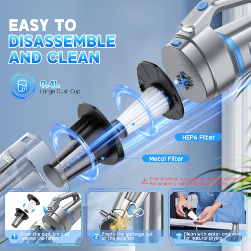 JONYJ Handheld Vacuum Cordless, 16000PA Strong Suction Hand Held Car Vacuum Cleaner, Portable Hand Vacuum Rechargeable with Multi-Nozzles & LED Light for Home, Car, Office, Pets