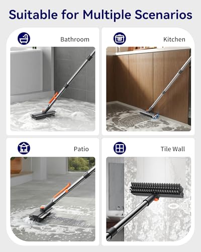 HelpX Small Floor Scrub Brush with Length Adjustable Long Handle, 3 in 1 Heavy-Duty Stiff Bristle Scrubber Brush with Squeegee and Tweezer Push Broom for Cleaning Bathroom, Patio, Garage and Kitchen