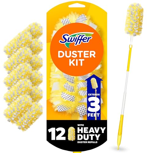 Swiffer Duster Kit with 3 ft Extendable Handle, Dusters for Cleaning, Set Includes 1 Extension Pole and 12 Heavy Duty Dusting Refills Dust Cleaner, Long Extended Wand for Ceiling Fans and Walls