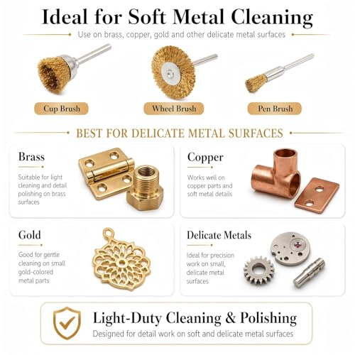 PHYHOO Brass Wire Brushes Cup Wheels Polish Cleaning Brush Kit Polishing Attachment Die Grinder Rotary Tools Accessories 3 MM Mandrel 60 Pieces