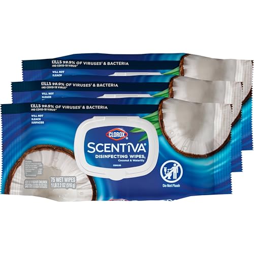Clorox Scentiva Disinfecting Wipes, Coconut and Waterlily, 75 Count, Pack of 3 (Package May Vary)