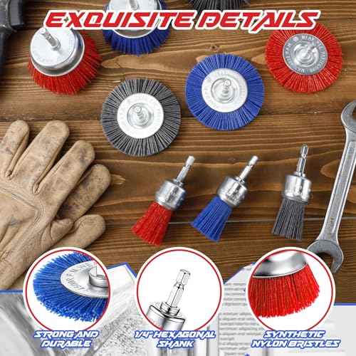 Bokon 18 Pack Nylon Filament Abrasive Wire Brush Wheel & Cup Brush Set with 1/4in Hex Shank for Cleaning Sanding Drill Scrub Brushes Attachment Remove Paint 80/120/240 Grit