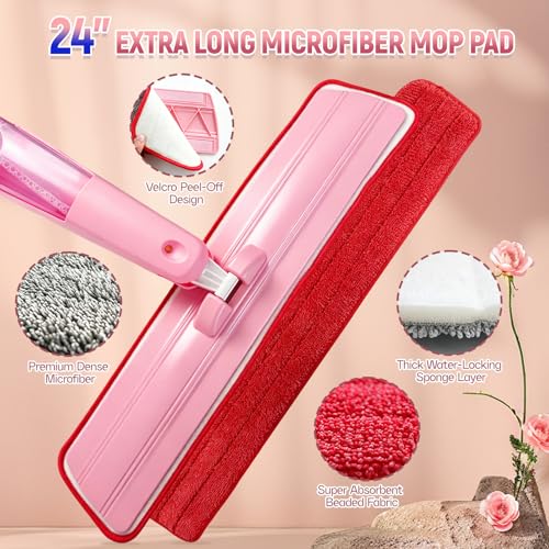 24" Dry mops for Floor Cleaning, Extra-Long Spray runtime & Light Mist Spray mop, Microfiber Wet mop w/ 28oz Tank & 2 Washable Pads, Heavy Duty Flat mop for Hardwood Tile Laminate Vinyl, Large Spaces
