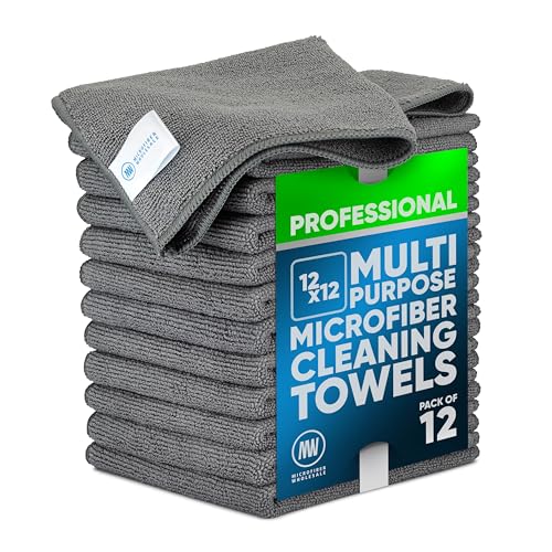 MW PRO Premium Microfiber Cleaning Cloths (12 Pack, 12x12, Grey) - Streak Free Stainless Steel & Glass Towels - Ultra Soft Cleaning Cloths for Screens, Granite & Modern Home - Washable & Reusable