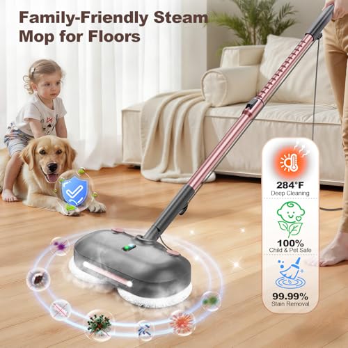 Scrub & Steam Mop with Rotating Mop Pads, All-in-One Scrubbing and Sanitizing Floor Cleaner, XL Water Tank, 23FT Cord, LED Headlights,Self-Standing for Hard Floor Laminate Marble Floors