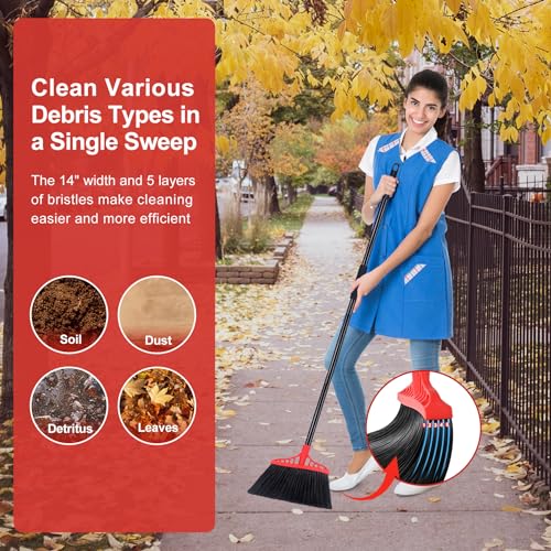 Tiumso Heavy Duty Angle Broom - 55" Adjustable Iron Handle with Stiff Bristles - Commercial-Grade Indoor/Outdoor Broom for Garage, Patio, Kitchen, Sidewalk & Concrete Cleaning (Black & Red)