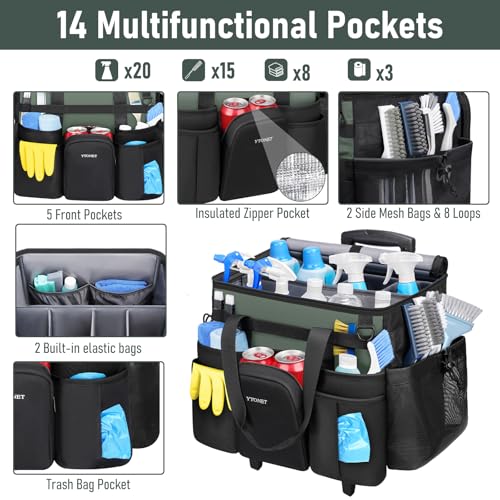 Ytonet Cleaning Caddy with Wheels, Extra Large Rolling Cleaning Caddy Bag with Detachable Trolley for Housekeepers, Water Resistant Cleaner Supplies Organizer with Wheels for Kitchen, Tool Organizer
