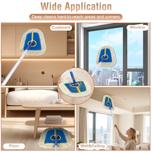 Commercial Dust Mop for Hardwood Floors Cleaning, Heavy Duty Industrial Dry Mop with 2 Wedge Cotton Mop Pads for Walls Cleaner,Tile,Vinyl,Laminate, Floor Duster Broom for Home and Business Use,Blue