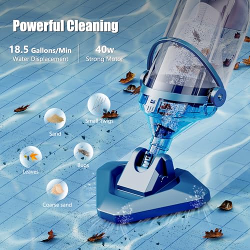 Pool Vacuum for Above Ground Pool with a Telescopic Pole, Running time up to 1H, Handheld Rechargeable Pool Cleaner with Powerful Suction up to 18.5 gallons/min, Ideal for Leaves & Debris, PC10