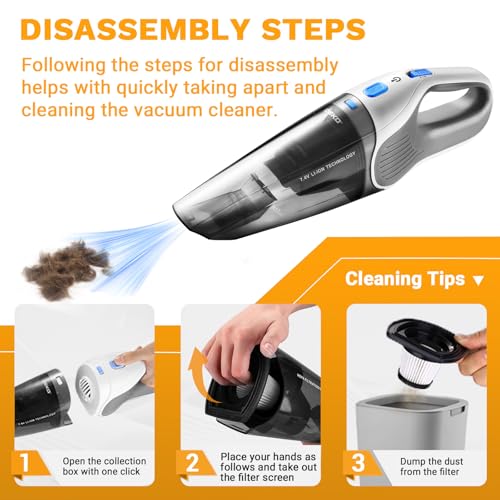 DEKOPRO Cordless Handheld Portable Vacuum Cleaner, Small Rechargeable with 8000PA Powerful Suction, Car Vacuum with Multi Accessories to Clean Home, Pet Hair and Car, White