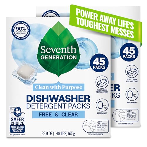 Seventh Generation Dishwasher Detergent Packs, Free & Clear, 45 Count, Pack of 2, Plant Powered Cleaning, Fights Greasy Reside & Stuck-On Food For Sparkling Dishes, Fragrance-Free & Septic Safe