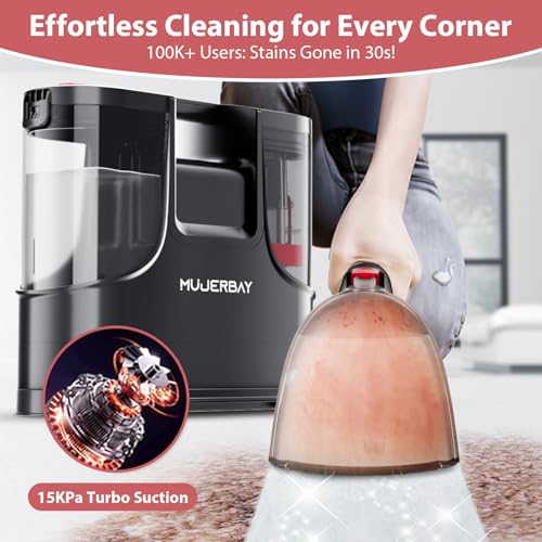 Upholstery Carpet Cleaner, MUJERBAY 15Kpa Portable Spot and Stain Cleaner Shampooer, Easy Move with Handle, 1.5-inch Deep Cleaning Machine for Couch, Stairs, Car and Pet Messes.