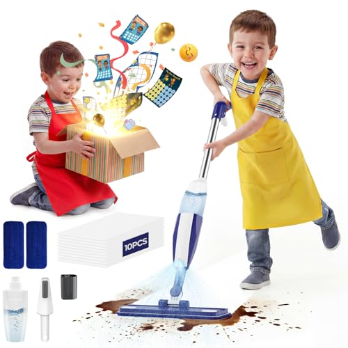 Kids Spray Mop - Chores Chart Set Montessori Cleaning Toy Set with Real Water Sprayer 2PCS Washable Pads and 10PCS Disposable Mop Pads for Ages 3-8 (Blue)