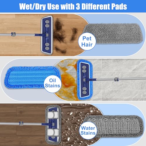 FORSPEEDER Microfiber Mops for Floor Cleaning - Dust Mop for Hardwood Floors with 55” Adjustable Handle 3 Thickened Washable Pads - Wet Dry Mopping for Pet Hairs Walls Tile Wood Laminate Home Kitchen