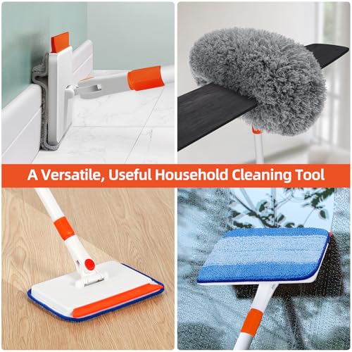 Baseboard Cleaner Tool with Handle, Extendable Long Handle Baseboard Cleaning Duster with Reusable Pads for Floorboard, Ceiling Fan Blade Cleaner Duster (Gray)