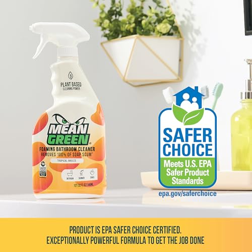 Mean Green Foaming Bathroom Cleaner Spray, Tropical Breeze, 32 oz – Removes 100% of Soap Scum, Shower, Tile, Sink & Bathroom Surfaces