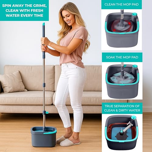 True & Tidy True Clean Spin Mop & Bucket System – Dual Compartment Design for Clean & Dirty Water, 360° Swivel Mop Head, Built-in Scrubbing Brush, Stainless Steel Handle & 2 Reusable Microfiber Pads