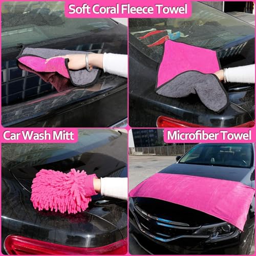 THINKWORK Pink Car Detailing Cleaning Kit, Car Wash Kit, Car Accessories for Women Suitable for Small and Medium Vehicles Such As Cars, Trucks, Suvs(17pcs)