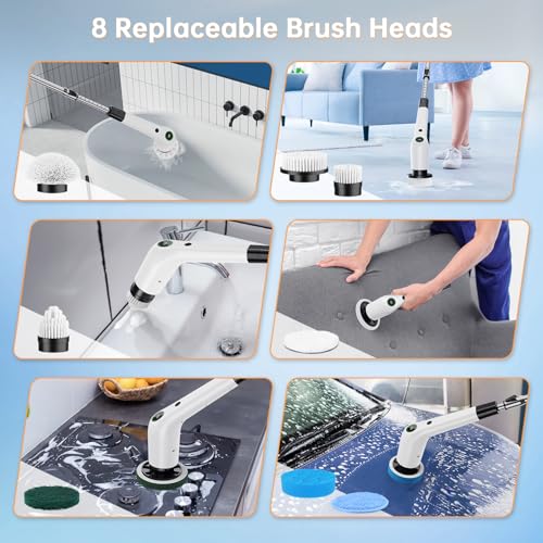 PUFTEM Electric Spin Scrubber, Cordless Shower Scrubber with 8 Scrub Brush, 2 Speed with Adjustable Extension Handle, Battery Level Display, Power Scrubber for Bathroom Bathtub Tile Floor (Black)
