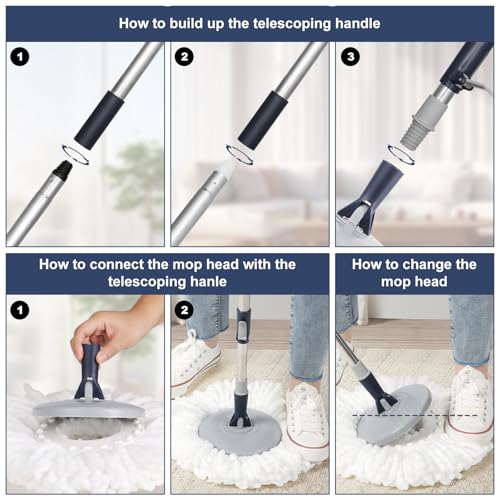 Spin Mop and Bucket Set 180° Swivel Mop Head Adjustable Telescopic Handle Dual Chamber Bucket 3 Refills Dual-Action Wringing Hand-Press Foot-Peda Hands-Free Self-Cleaning System for All Floor Types