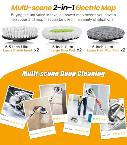 qimedo 800RPM Cordless Electric Mop, 6000mAh Battery Electric Power Scrubber & Mops for Floor Cleaning, Best Automatic Spin Mops with Smart Display,Rotating Mop with LED Light & Water Spray