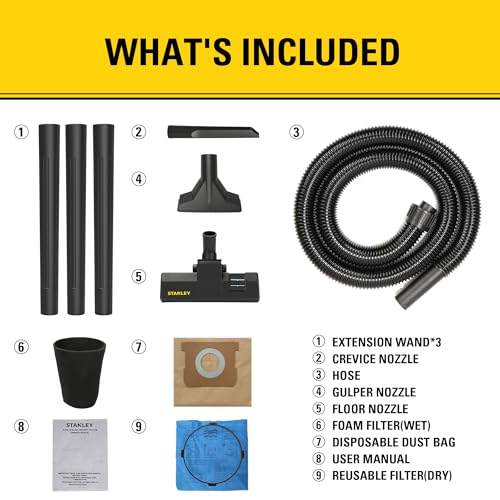 Stanley - SL18129 Wet/Dry Vacuum, 4 Gallon, 4 Horsepower, Stainless Steel Tank Silver+yellow