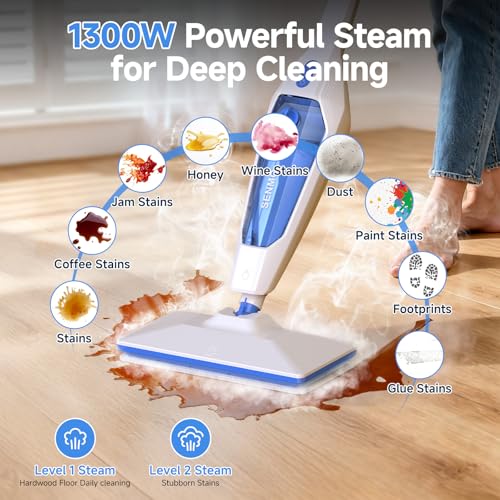 SENMO Steam Mop, 14-in-1 Detachable Steam Cleaner for Home and Floor, 1300W 228°F Deep Cleaning MultiPurpose Steamer with 14 Attachments for Floor, Tile, Grout, Furniture, Carpet, Wall (Blue)