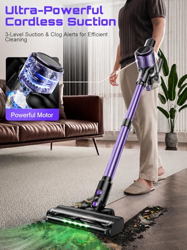 Cordless Vacuum Cleaner, 10 in 1 Stick Vacuum with Powerful Suction, Hose, Green LED Light, Anti-Tangle Brush, Lightweight Rechargeable Vacuum Cleaner for Home, Hardwood Floors,Pet Hair (Purple)