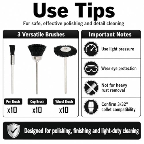 NIUPIKA Soft Nylon Bristle Brushes Cup Wire Brush Set Cleaning Polishing Accessories 2.35mm Shank for Rotary Drill Tools Pack of 30 Pieces