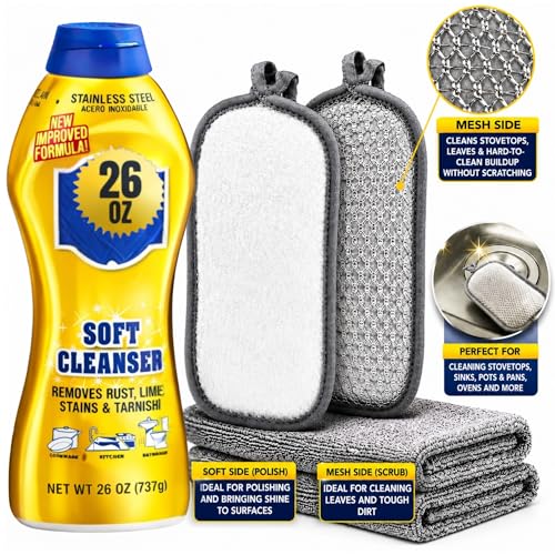 R&C Store Essentials Home Cleaning Bundle Kit, includes Multi-Purpose Soft Cleanser 26 oz + 2 Microfiber Cloths and 1 Non-Scratch Scrub Sponge, Kitchen & Bathroom Cleaning Set