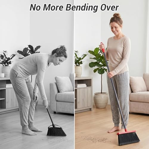 Zeawec Broom with Dustpan Combo Set, Long Handle Upright Standing Self-Cleaning Broom and Dustpan Set for Pet Hair & Dust Cleanup, Indoor Outdoor Use for Home, Kitchen, Office, Red & Gray