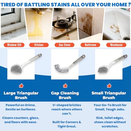 3 Pack Shower Scrub Brush Set – Heavy-Duty Scrub Brushes for Cleaning with Long Handle, Stiff Bristles Grout Brush, Shower Scrubber for Bathroom, Bathtub, Kitchen, Tile, Floor, Grout, Sink & Carpet