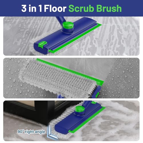 EHADOO Floor Scrub Brush with Long Handle: 3 in 1 Heavy-Duty Floor Scrubber Brush with Squeegee for Cleaning Tile Bathroom Deck Kitchen Patio - Blue