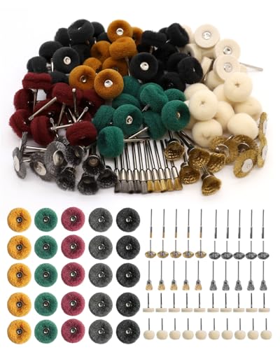 SALIGTEKH 100Pcs Polishing Kit for Dremel, Buffing Polishing Wheel Wire Brush Set, Shank 1/8 Inch Shank Polishing Kit for Metal Wood Watch Jewelry Brass