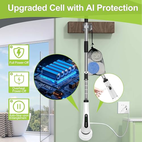 Dreazu Electric Spin Scrubber, 12-in-1 Shower Scrubber & Retractable Long Handle, 44 lbs High-Torque & Variable Speed Shower Cleaning Brush for Bathroom,Toilet, Bathtub, Kitchen, Tile Floors, Car