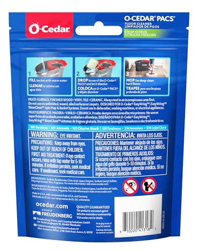 O-Cedar PACS Floor Cleaner, Crisp Citrus Scent – 10 Count | Enzyme-Powered Pods for Streak-Free Cleaning on Wood, Tile & Laminate Floors