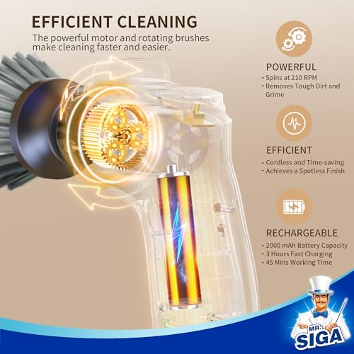 MR.SIGA Electric Spin Scrubber for Kitchen and Bathroom Cleaning, Waterproof Rechargeable Cordless Spin Scrubber with 5 Replaceable Cleaning Brushes and Pads