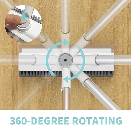 Floor Scrub Brush with Long Handle, 3 in 1 Scrape and Heavy-Duty Stiff Bristle Scrubber Brush Broom for Cleaning Shower Bathroom, Patio, Pool, Garage, Kitchen, Wall and Deck (White, 1 Pack)