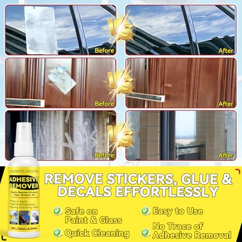 Adhesive Remover, Surface-Safe Sticker Remover Spray, Glue Remover that Quickly Removes Sticker, Glue, and Tape Residue | Safe for Car, Glass, Label, Decals & More, 4.06 fl.oz/120ml