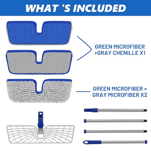 Enspoway 2-Sided Microfiber Dust Mop: Dry Flat Wall Mop for Hardwood Floors with 3 Reusable Pads Reversible Head for Apartment Kitchen Tile Laminate Pet Hair Cleaning