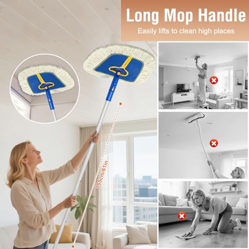 Commercial Dust Mop for Hardwood Floors Cleaning, Heavy Duty Industrial Dry Mop with 2 Wedge Cotton Mop Pads for Walls Cleaner,Tile,Vinyl,Laminate, Floor Duster Broom for Home and Business Use,Blue