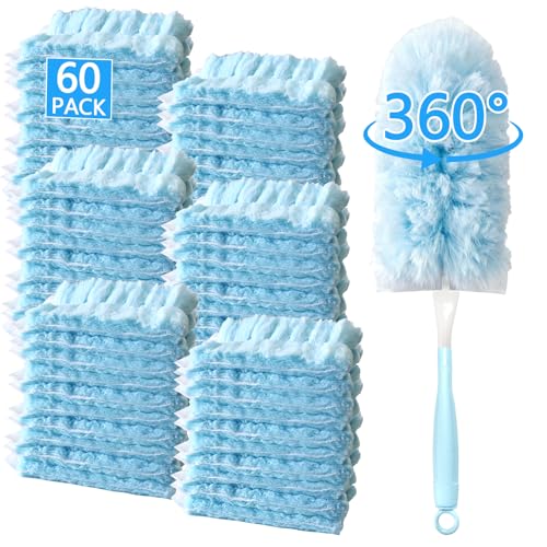 WAWINY 60 Pack Duster Refills Kit Disposable for Swiffer Duster Handle,360° Deep Cleaner Heavy Duty Replacement with 1 Handle,for Home, Blinds, Car, Pet, Furniture, Fans(Blue)