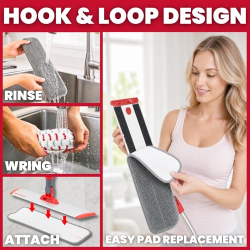 GleamGaGa Professional Microfiber Flat Mop for Floor Cleaning, 62" Stainless Steel Handle, 4 Reusable Machine Washable Mop Pads for Wet & Dry Mopping on Hardwood, Laminate, Vinyl & Tile Floors