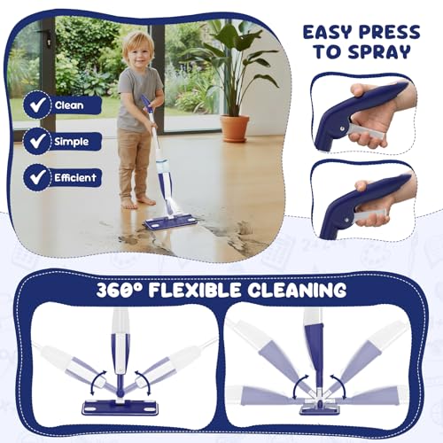 Kids Spray Mop - Chores Chart Set Montessori Cleaning Toy Set with Real Water Sprayer 2PCS Washable Pads and 10PCS Disposable Mop Pads for Ages 3-8 (Blue)