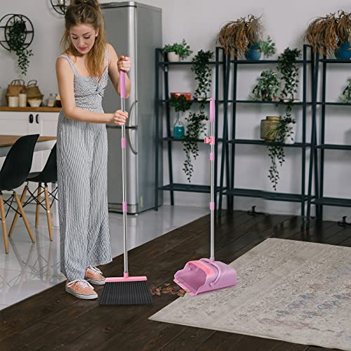 kelamayi Broom and Dustpan Set for Home, Office, Indoor&Outdoor Sweeping, Stand Up Broom and Dustpan (Pink)