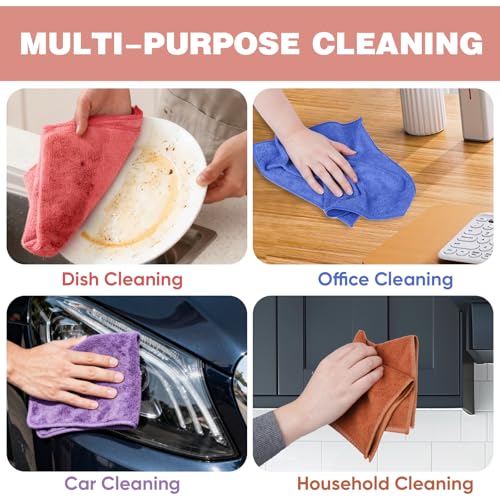 TEAWOO 10 Colors Microfiber Cleaning Cloths, 10 Pack Assorted Cleaning Rags, Highly Absorbent Microfiber Towels for Car, Kitchen, Bathroom and Household Cleaning, 11.8"X11.8"