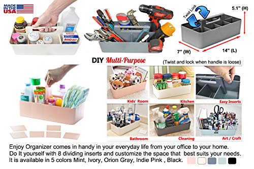 2 PACK - Portable DIY 8 Dividers Durable Plastic Organizer Tote Tool, Supply, Vanity Storage Home Office School Makeup Cleaning Caddy with Handle Made In USA (Ivory)